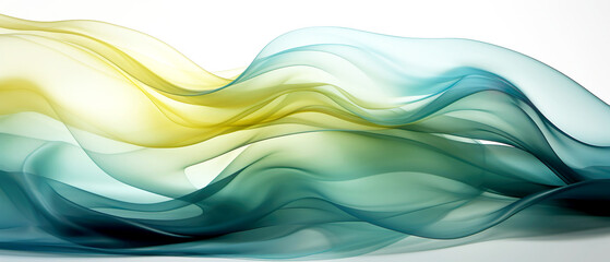 Fototapeta premium Abstract transparent shape transitioning from blue to green and yellow colors isolated on a white background. Banner. Generative AI
