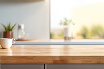 Fototapeta na wymiar A clean and bright modern kitchen interior with a beautiful wood table top counter is featured, creating an empty space for product montage. The background has a blurred bokeh effect, enhancing the