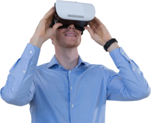 Digital png photo of happy caucasian businessman using vr glasses on transparent background