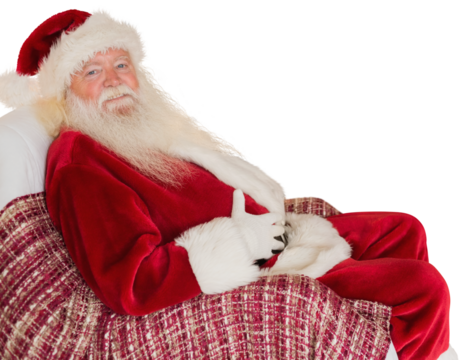Digital png photo of happy santa sitting on armchair on transparent background