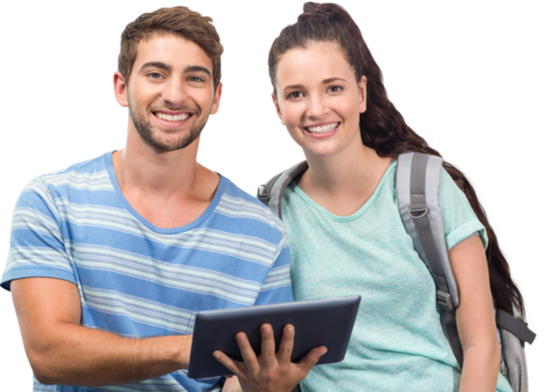 Digital png photo of happy caucasian couple using tablet on transparent background