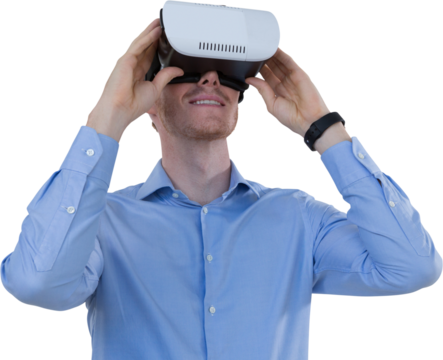 Digital png photo of happy caucasian businessman using vr glasses on transparent background