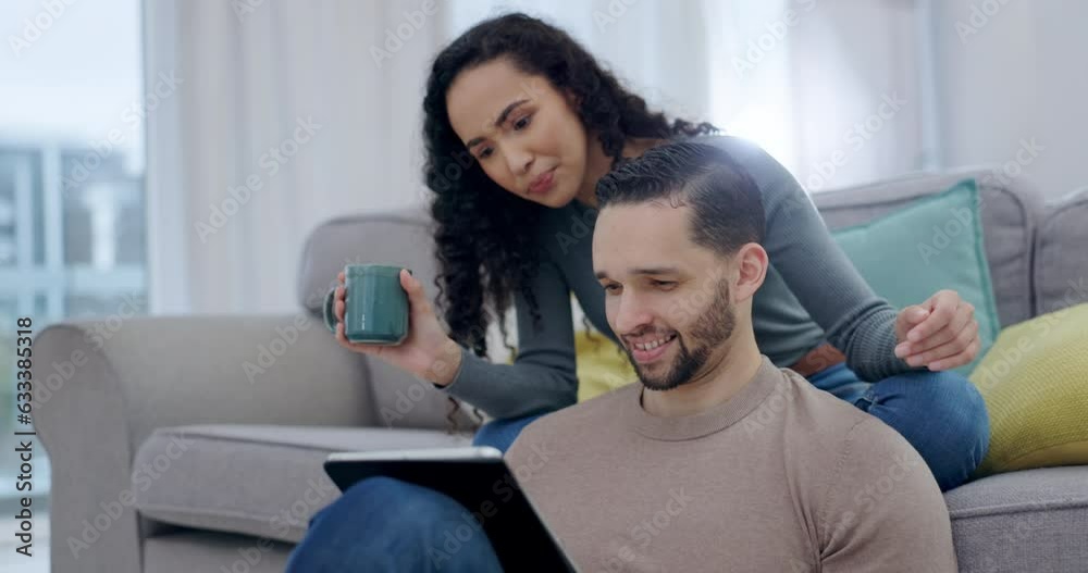 Sticker Bonding couple, talking or tablet on sofa for streaming, movies or subscription show in home living room. Man, woman or tea for relax, social media or watching gaming multimedia on house technology