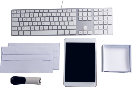 Digital png illustration of keyboard,envelope,tablet,stapler and box on transparent background