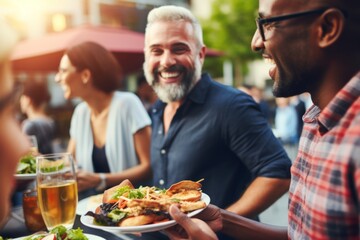 Happy middle-aged senior mature multi-ethnic interracial multiracial people friends celebration diverse men women group party smiling laughing friendship joy BBQ family diversity communication outdoor