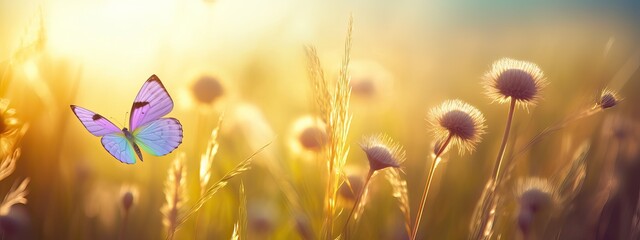Abstract summer autumn field landscape at sunset with soft focus. dry ears of grass in the meadow and a flying butterfly, warm golden hour of sunset, sunrise time. Calm autumn nature forest background
