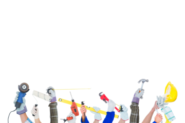 Digital png illustration of hands holding construction tools on transparent background