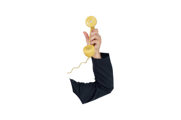 Digital png photo of woman's hand holding yellow handset on transparent background