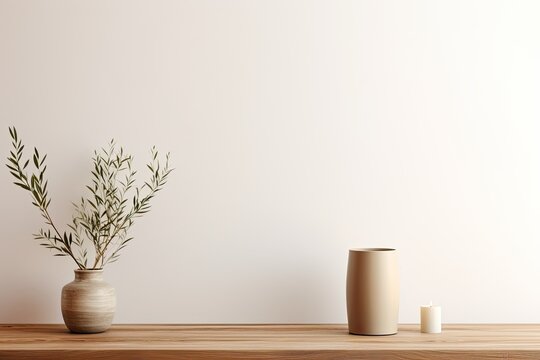 A traditional interior wall mockup showcasing a vase with green twigs and a candle placed on a light brown wooden table. The mockup is set against an empty white background.