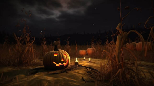 Halloween compositions pumpkins Jack O' Lanterns on autumn field in spooky night. Halloween background. Long web format