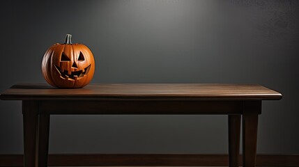 Single Jack lantern on table. Gray background. Element of Halloween decoration.