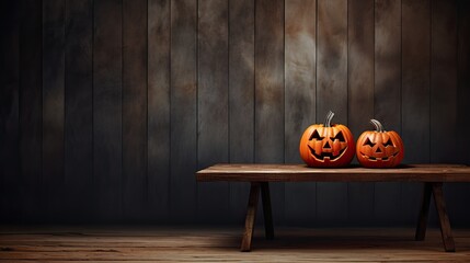 Jack lantern on the table. Halloween night. Burning candles. Halloween background. 