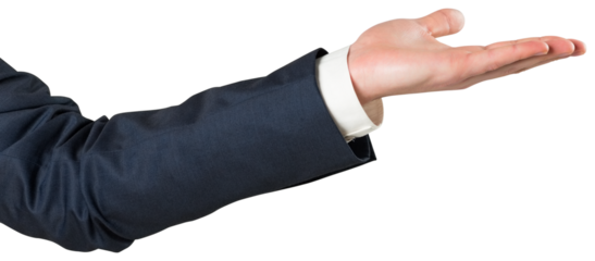 Digital png photo of hand of businessman reaching out on transparent background