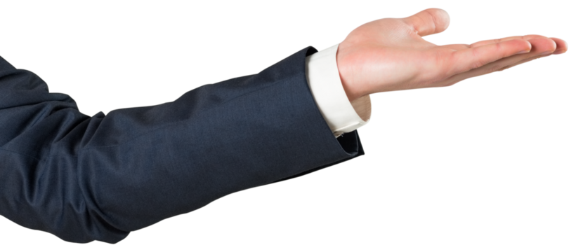 Digital png photo of hand of businessman reaching out on transparent background