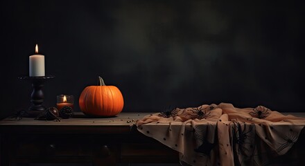 Jack lantern on the table. Halloween night. Burning candles. Halloween background.