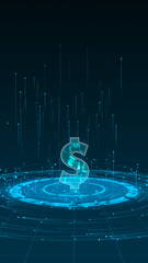 Blue digital money logo with particle ring circle rotation with ai technology icon on futuristic abstract background crypto currency finance and digital money vertical