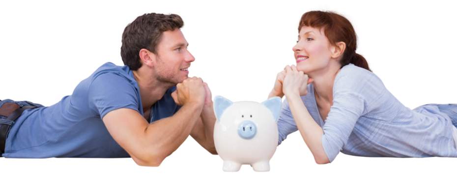 Digital png photo of happy caucasian couple with piggy bank on transparent background