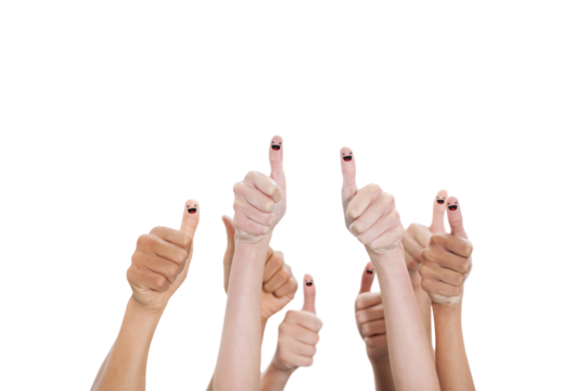 Digital png illustration of hands with thumbs up with smiling faces on transparent background