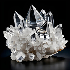 White Mineral Quartz Crystal Structure on Dark Background. Generative AI