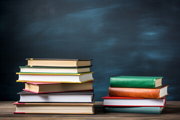 Fototapeta premium Back to school background with books over blackboard. Stack of school books on the table, behind a blank school blackboard. School template, learning process.