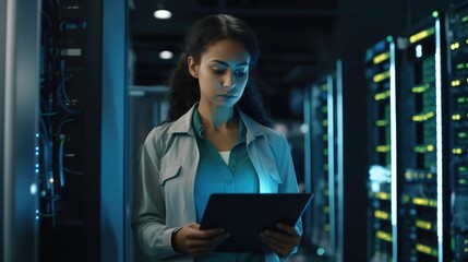Female Data Center IT Specialist Using Tablet Computer, Turning Augmented VFX Visualization on Server Farm Cloud Computing Facility. System Engineer Working for Cyber Data Security Company