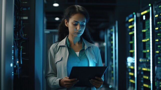 Female Data Center IT Specialist Using Tablet Computer, Turning Augmented VFX Visualization on Server Farm Cloud Computing Facility. System Engineer Working for Cyber Data Security Company