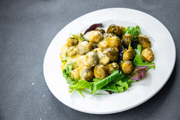 Brussels sprout mustard sauce vegetable food meal snack on the table copy space food background rustic top view