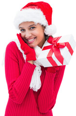 Digital png photo of happy caucasian woman wearing santa claus hat on transparent background