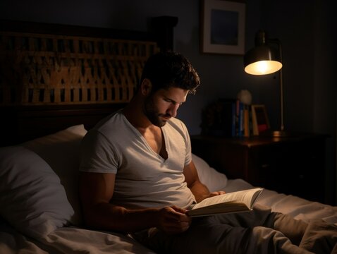 Fictional Handsome Man Reading A Book In His Bed At Night. Generative AI Illustration.