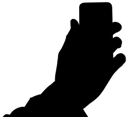 Digital png silhouette image of hand holding smartphone on transparent background