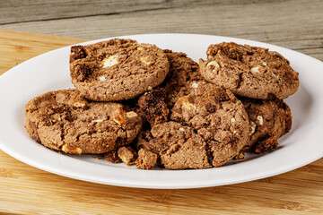 Delicious Chocolate Chip Cookies on a wooden background