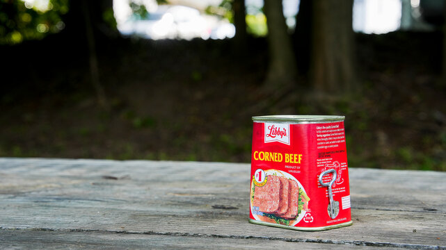 NORWALK, CT, USA - AUGUST 10, 2023: Can with corned beef from Libbys outside on table