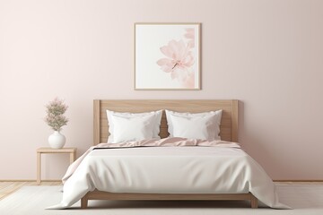 A background of a bedroom interior with a mockup frame is depicted in light pastel colors. The image is rendered in .