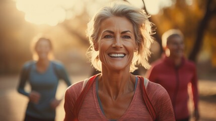 A senior woman and her friends are running for health in the morning sunrise at park. - obrazy, fototapety, plakaty