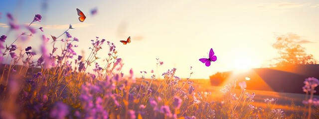 Art Wild flowers in a meadow at sunset. Macro image, shallow depth of field. Abstract august summer nature background