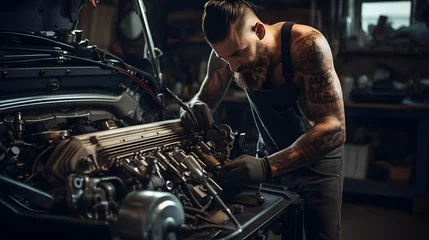 Zelfklevend Fotobehang Handsome mechanic with beard and tattoos working on vintage car in a garage workshop © JJ1990