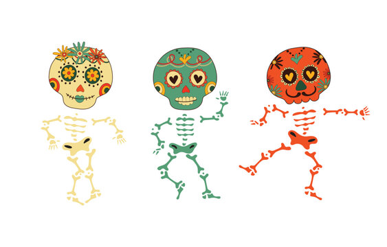 Sugar dancing skulls decorated by design elements and colorful floral ornament. Mexican national holiday Day of the dead. Festive banner templates for Dia de los muertos. Vector illustration
