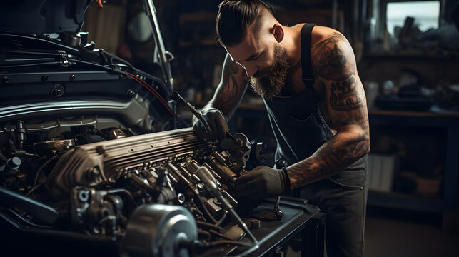Fototapeta Handsome mechanic with beard and tattoos working on vintage car in a garage workshop