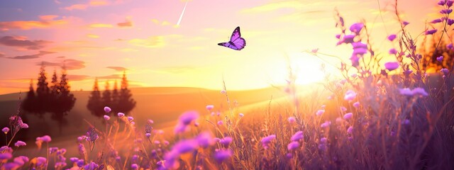 Blooming lavender summer flower and a flying butterfly against the backdrop of a summer sunset landscape