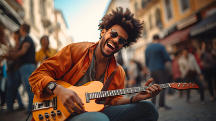 Portrait of a joyful black street musician playing a guitar in city square, sharing passion for music with delighted crowd