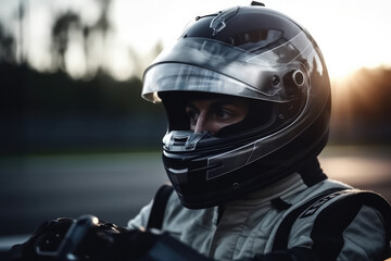 Racer in a helmet driving a racing car on the track
