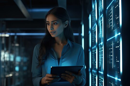Collection and storage of large amounts of data. A young woman with a tablet computer stands in the middle of a server room. Checks the operation of servers and automation. - Powered by Adobe