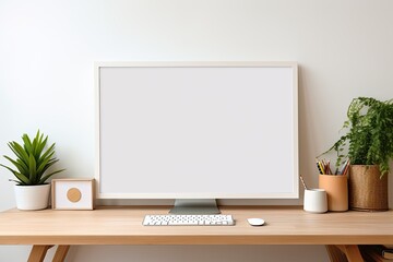 A workspace is depicted with a computer that has a blank white screen in a mockup. Additional office supplies are seen on a wooden desk.