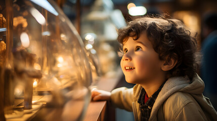 Curious smiling lovely child exploring a museum exhibit with wide eyes of wonder - obrazy, fototapety, plakaty