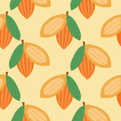 Cacao seamless pattern vector illustration. Natural chocolate. Organic sweet food, graphic art sketch. Cocoa vintage package.
