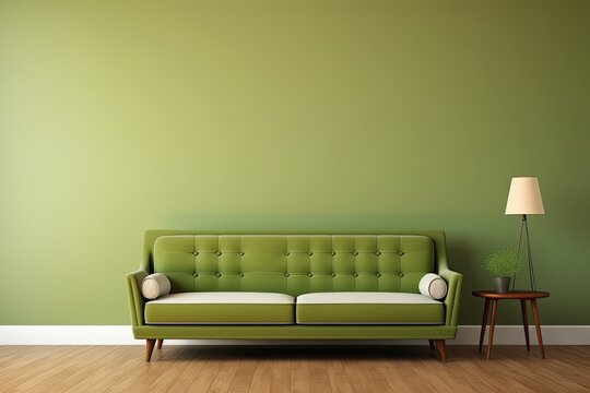 A rendering of a living room interior with a green sofa placed against an empty creamcolored wall background.