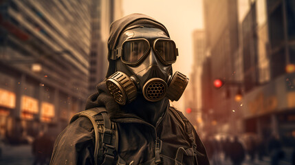 Person with a gas mask standing in a destroyed city in an apocalyptic scene
