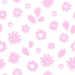 Soft baby pink floral seamless pattern. Cute hand drawn scribbled flowers on white background. Ready to print raster allover illustration