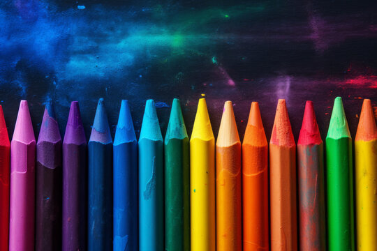 Colorful pencils on the blackboard, drawing. back to school background. Generative AI.