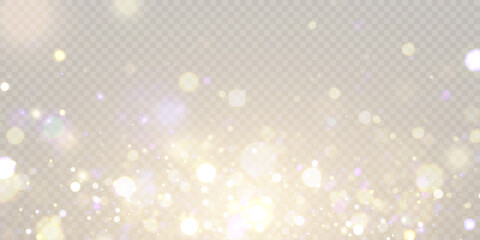 Gold dust light bokeh. Christmas glowing bokeh and glitter overlay texture for your design on a transparent background. Golden particles abstract vector background.	
